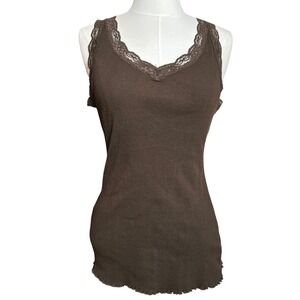 Apt. 9 Brown Ribbed Lace Trim Tank Top Sleeveless V-Neck Cotton Cami Y2K Large